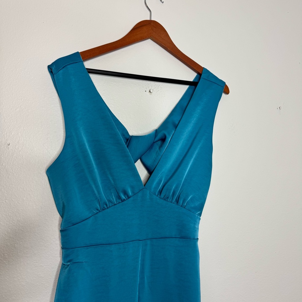 Lulu's Remarkable Style Blue Satin Twist-Back‎ Cutout Wide-Leg Jumpsuit - Picture 5 of 10
